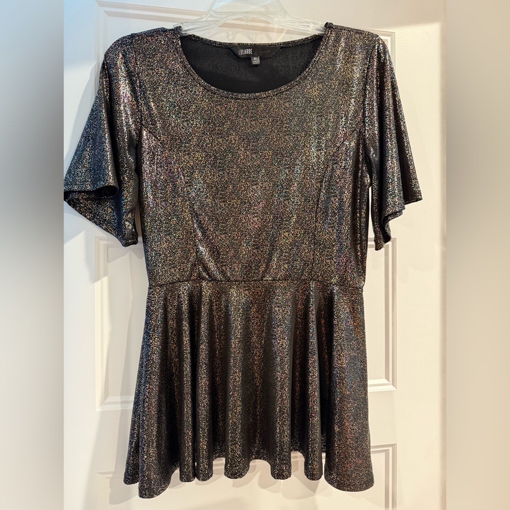 LuLaRoe Elegant Black Metallic Glittering Peplum Blouse